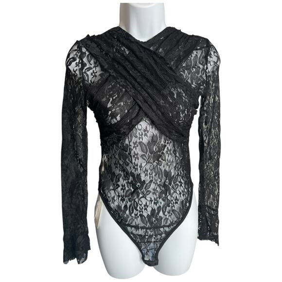 Commense long sleeve crossover front sheer black floral lace bodysuit Small NWT - Picture 1 of 6